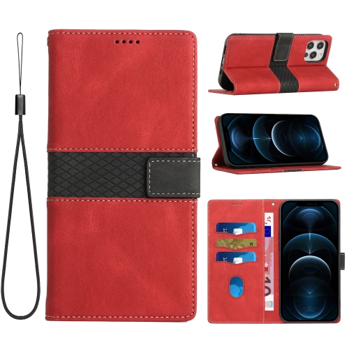 

For iPhone 12 / 12 Pro Grid Stitching Leather Phone Case with Lanyard(Red)