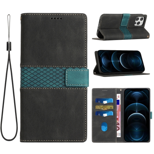 

For iPhone 12 / 12 Pro Grid Stitching Leather Phone Case with Lanyard(Black)