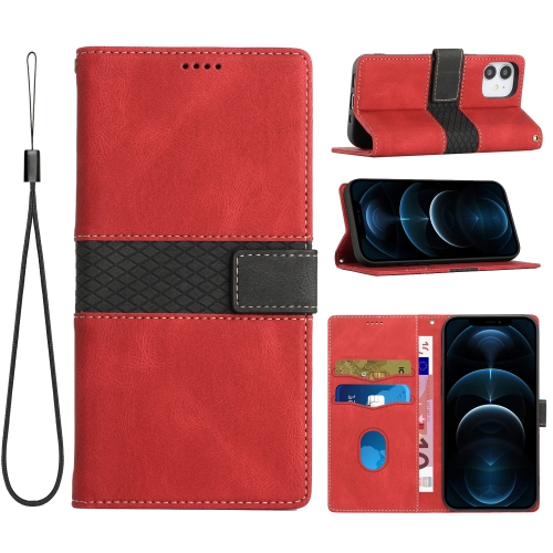 

For iPhone 12 mini Grid Stitching Leather Phone Case with Lanyard(Red)