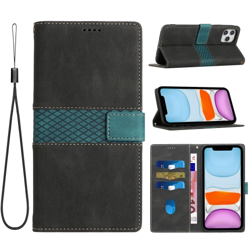 

For iPhone 11 Pro Max Grid Stitching Leather Phone Case with Lanyard(Black)
