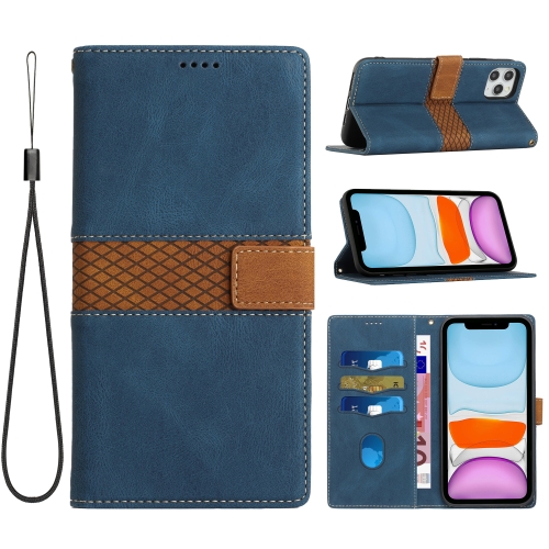 

For iPhone 11 Pro Grid Stitching Leather Phone Case with Lanyard(Blue)