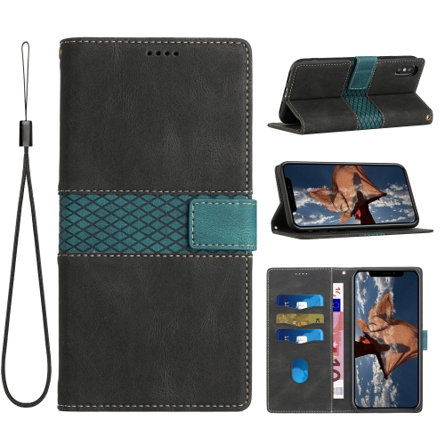 

For iPhone XS Max Grid Stitching Leather Phone Case with Lanyard(Black)