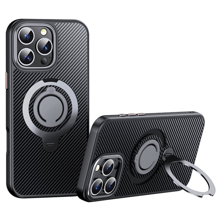 

For iPhone 16 Pro Max Carbon Fiber MagSafe Phone Case with 360 Degree Rotating Holder(Black Grey)