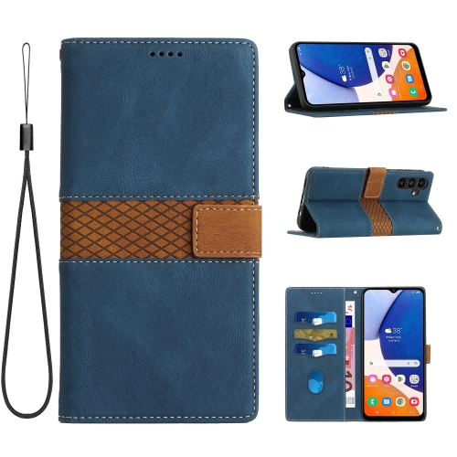 

For Samsung Galaxy S25 5G Grid Stitching Leather Phone Case with Lanyard(Blue)