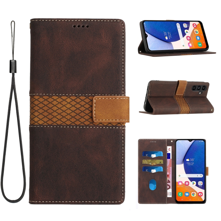 

For Samsung Galaxy S25+ 5G Grid Stitching Leather Phone Case with Lanyard(Brown)