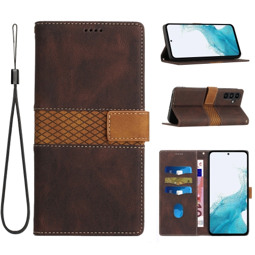 

For Samsung Galaxy S24 FE 5G Grid Stitching Leather Phone Case with Lanyard(Brown)