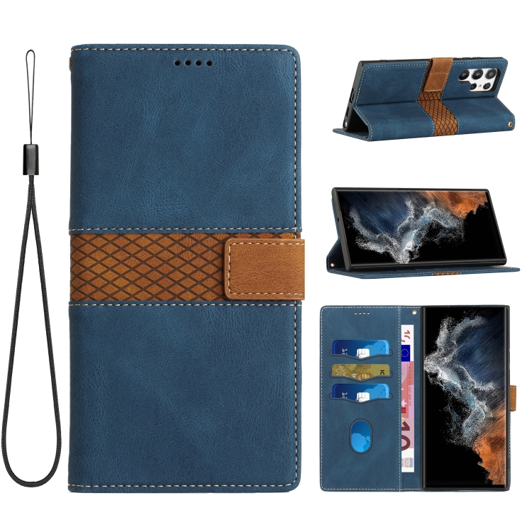 

For Samsung Galaxy S24 Ultra 5G Grid Stitching Leather Phone Case with Lanyard(Blue)