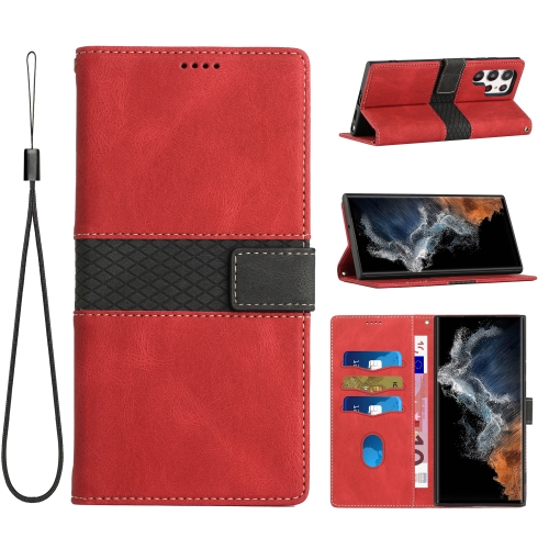 

For Samsung Galaxy S24 Ultra 5G Grid Stitching Leather Phone Case with Lanyard(Red)