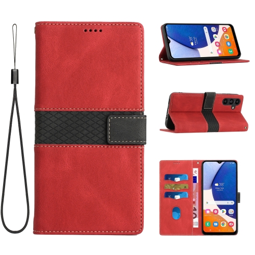 

For Samsung Galaxy S24+ 5G Grid Stitching Leather Phone Case with Lanyard(Red)