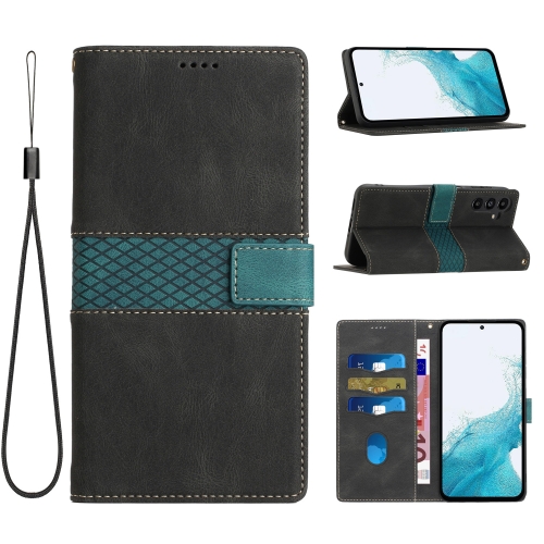 

For Samsung Galaxy S23 FE 5G Grid Stitching Leather Phone Case with Lanyard(Black)