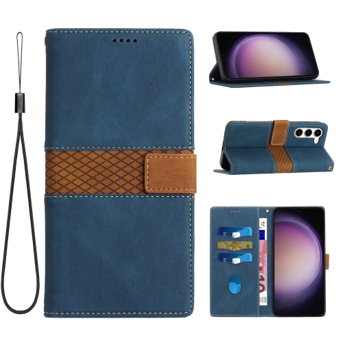 

For Samsung Galaxy S23+ 5G Grid Stitching Leather Phone Case with Lanyard(Blue)