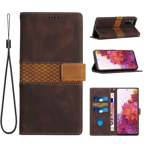 

For Samsung Galaxy S20 FE Grid Stitching Leather Phone Case with Lanyard(Brown)