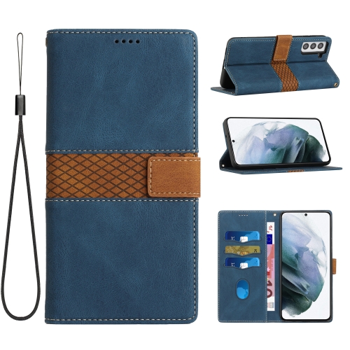 

For Samsung Galaxy S22+ 5G Grid Stitching Leather Phone Case with Lanyard(Blue)