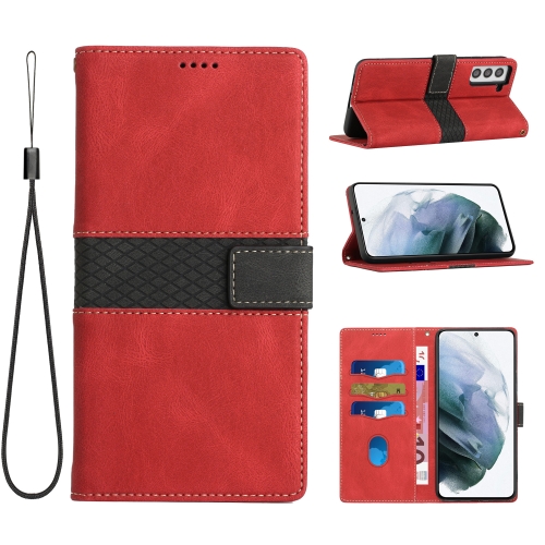 

For Samsung Galaxy S22+ 5G Grid Stitching Leather Phone Case with Lanyard(Red)