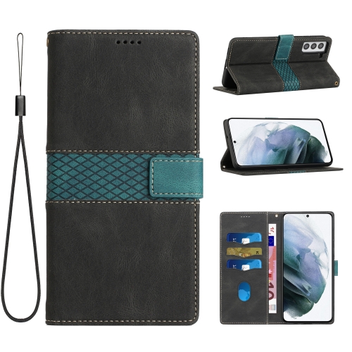 

For Samsung Galaxy S21+ 5G Grid Stitching Leather Phone Case with Lanyard(Black)