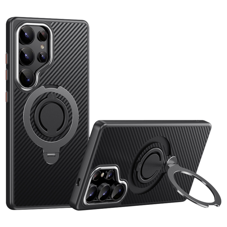 

For Samsung Galaxy S25 Ultra 5G Carbon Fiber MagSafe Phone Case with 360 Degree Rotating Holder(Black Grey)