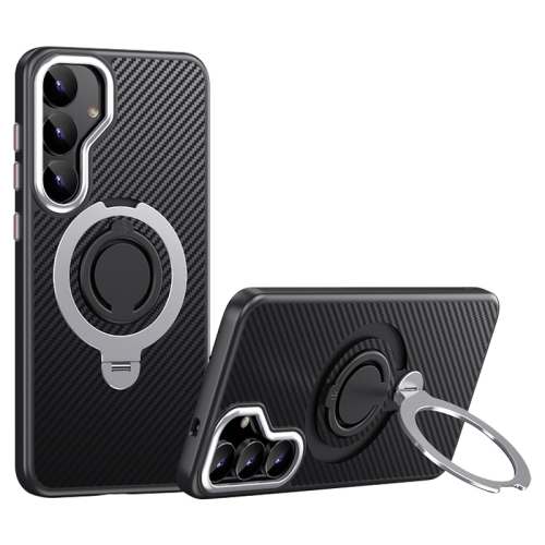 

For Samsung Galaxy S25+ 5G Carbon Fiber MagSafe Phone Case with 360 Degree Rotating Holder(Black Silver)