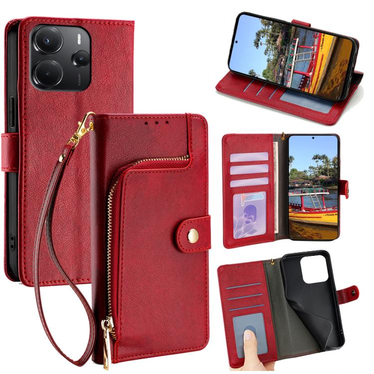 

For Redmi Note 14 4G 164.84mm Zipper Bag Leather Phone Case(Red)
