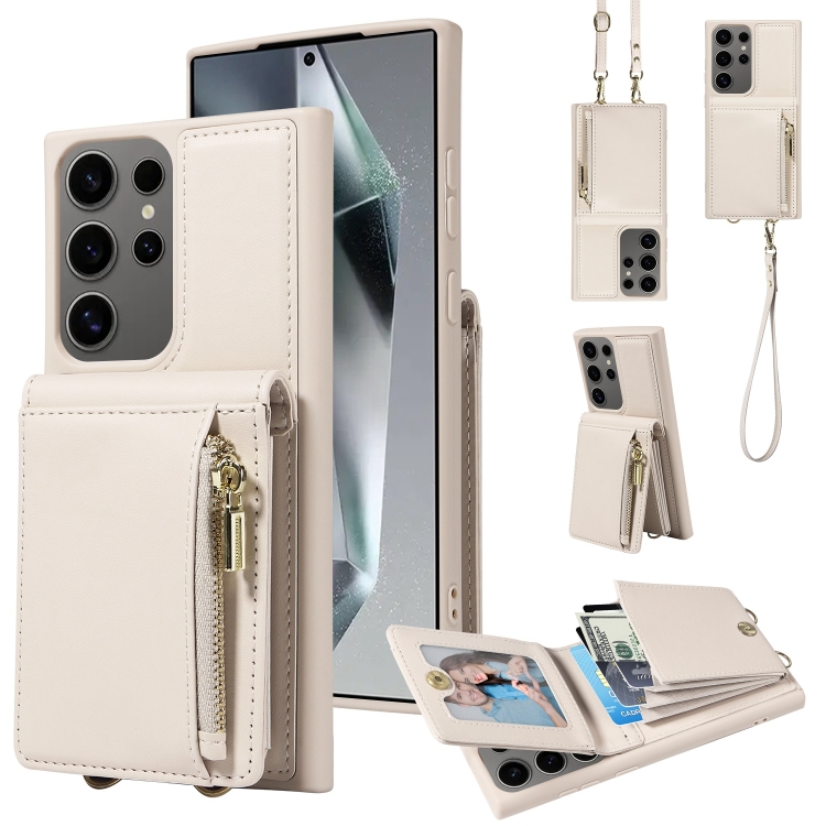 

For Samsung Galaxy S25 Ultra 5G Crossbody Lanyard Zipper Wallet Leather Phone Case(Beige)