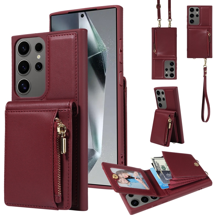 

For Samsung Galaxy S25 Ultra 5G Crossbody Lanyard Zipper Wallet Leather Phone Case(Wine Red)
