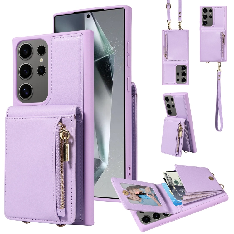 

For Samsung Galaxy S25 Ultra 5G Crossbody Lanyard Zipper Wallet Leather Phone Case(Purple)