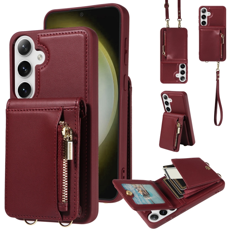 

For Samsung Galaxy S25+ 5G Crossbody Lanyard Zipper Wallet Leather Phone Case(Wine Red)
