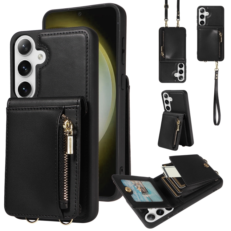 

For Samsung Galaxy S25+ 5G Crossbody Lanyard Zipper Wallet Leather Phone Case(Black)