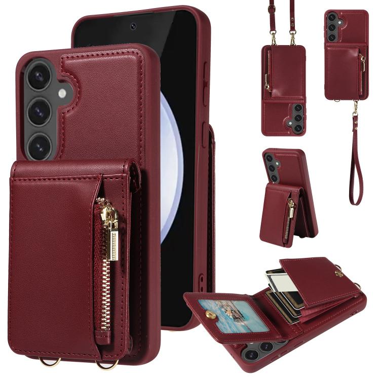 

For Samsung Galaxy S25 FE 5G Crossbody Lanyard Zipper Wallet Leather Phone Case(Wine Red)