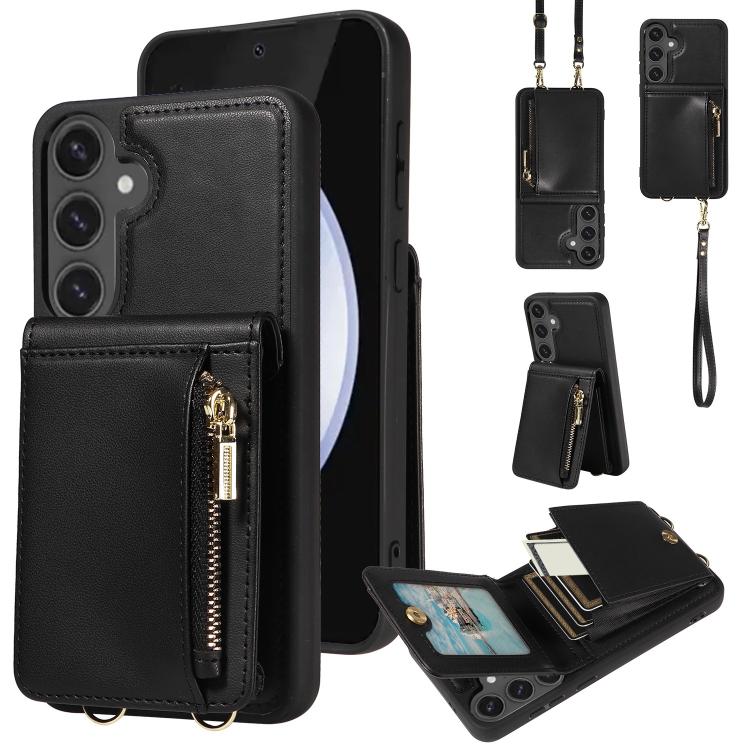 

For Samsung Galaxy S25 FE 5G Crossbody Lanyard Zipper Wallet Leather Phone Case(Black)