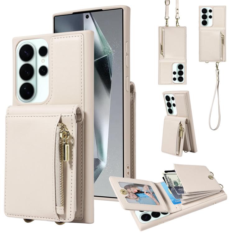 

For Samsung Galaxy S26 Ultra 5G Crossbody Lanyard Zipper Wallet Leather Phone Case(Beige)