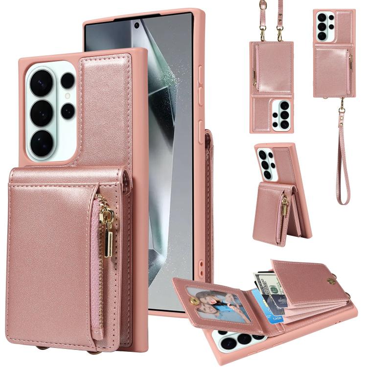 For Samsung Galaxy S26 Ultra 5G Crossbody Lanyard Zipper Wallet Leather Phone Case(Rose Gold)