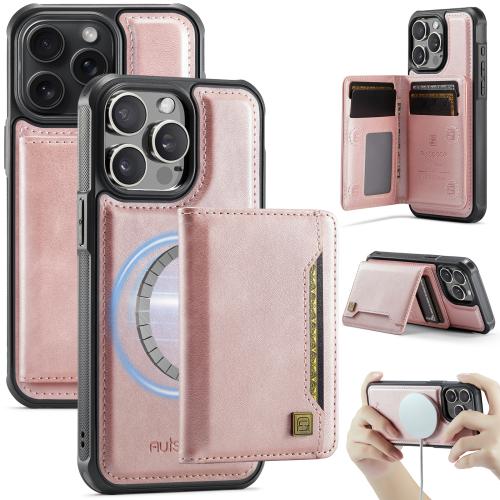 

For iPhone 15 Pro Max AutSpace A13 MagSafe Magnetic RFID Flip Card Bag Phone Case(Rose Gold)