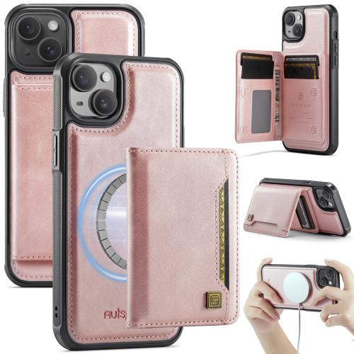 

For iPhone 14 AutSpace A13 MagSafe Magnetic RFID Flip Card Bag Phone Case(Rose Gold)