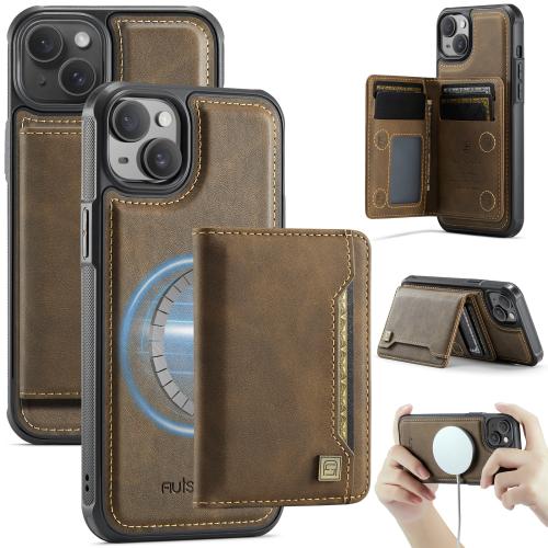 

For iPhone 13 AutSpace A13 MagSafe Magnetic RFID Flip Card Bag Phone Case(Coffee)