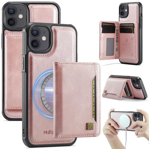 

For iPhone 12 AutSpace A13 MagSafe Magnetic RFID Flip Card Bag Phone Case(Rose Gold)