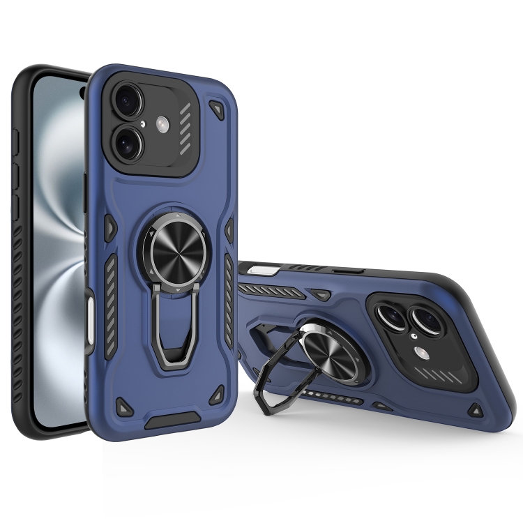 

For iPhone 16 Metal Rotating Bracket TPU + PC Magnetic Phone Case(Dark Blue)
