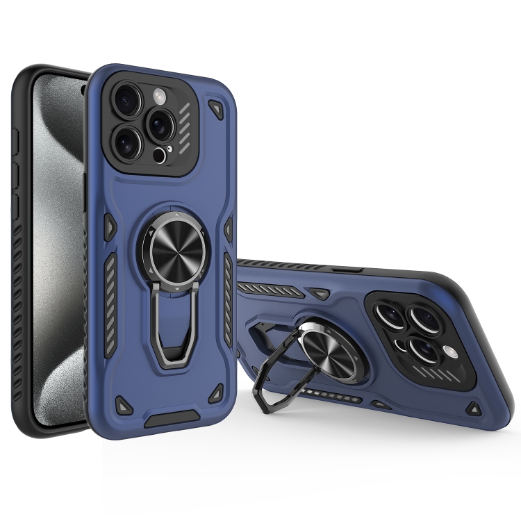 

For iPhone 15 Pro Metal Rotating Bracket TPU + PC Magnetic Phone Case(Dark Blue)