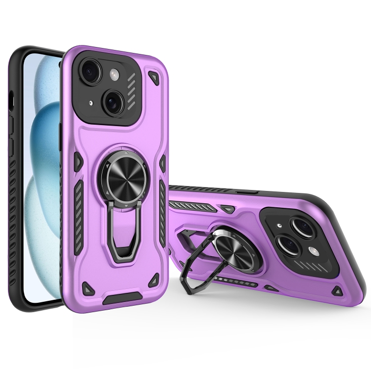 

For iPhone 15 Metal Rotating Bracket TPU + PC Magnetic Phone Case(Purple)