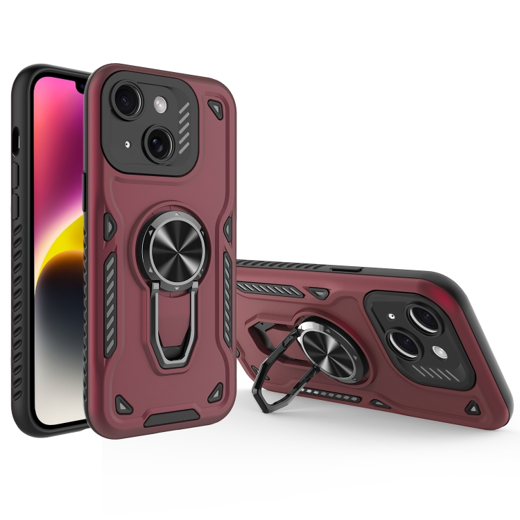 

For iPhone 14 Metal Rotating Bracket TPU + PC Magnetic Phone Case(Dark Red)