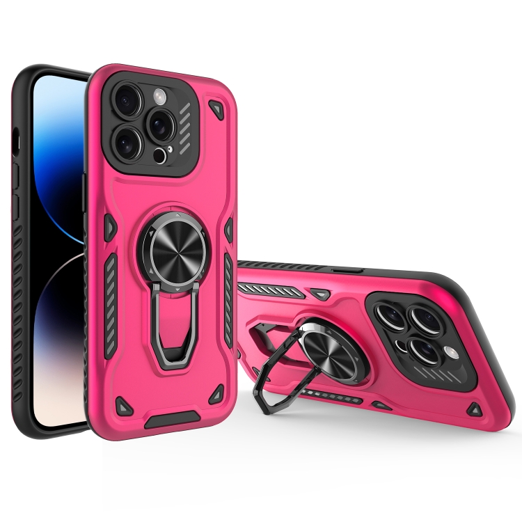 

For iPhone 14 Pro Metal Rotating Bracket TPU + PC Magnetic Phone Case(Rose Red)