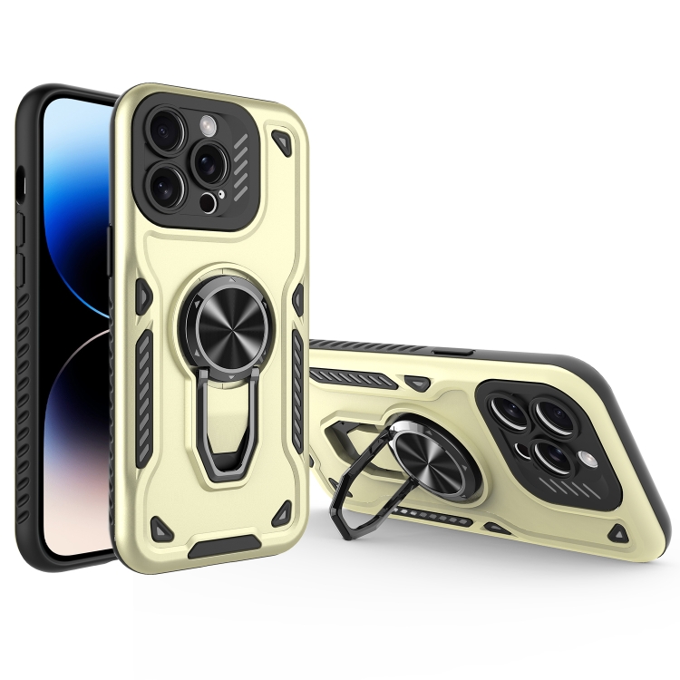 

For iPhone 14 Pro Metal Rotating Bracket TPU + PC Magnetic Phone Case(Beige)