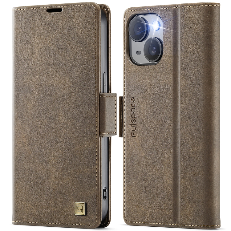 

For iPhone 15 Plus AutSpace A11 Side Buckle MagSafe Magnetic RFID Phone Leather Case(Coffee)