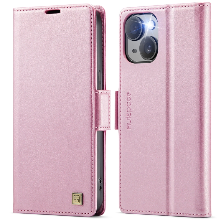 

For iPhone 14 Plus AutSpace A11 Side Buckle MagSafe Magnetic RFID Phone Leather Case(Rose Gold)