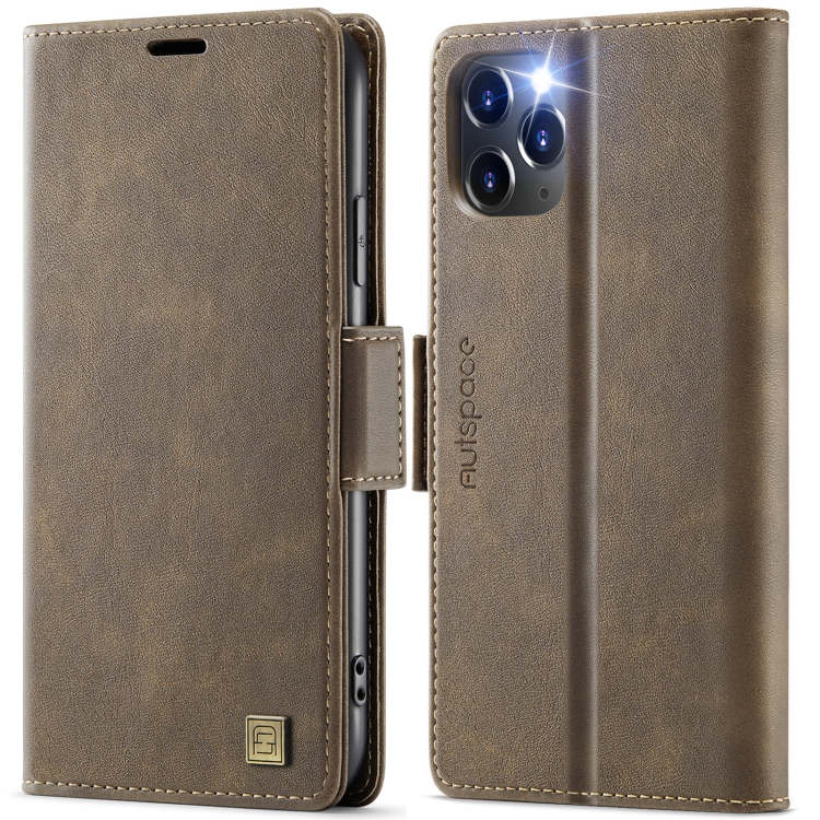 

For iPhone 11 Pro AutSpace A11 Side Buckle MagSafe Magnetic RFID Phone Leather Case(Coffee)