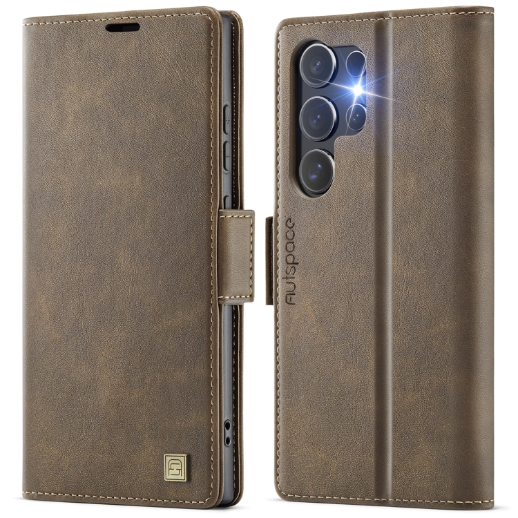 

For Samsung Galaxy S25 Ultra 5G AutSpace A11 Side Buckle MagSafe Magnetic RFID Phone Leather Case(Coffee)