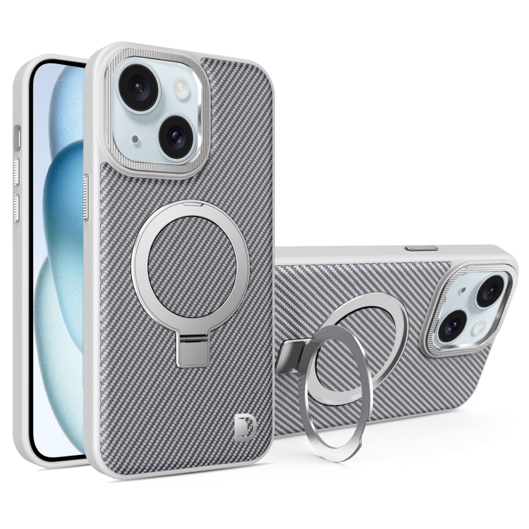 

For iPhone 15 Carbon Fiber MagSafe Holder Phone Case(Grey)