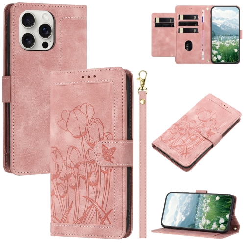 

For iPhone 16 Pro Max Tulips Embossed Leather Phone Case with Lanyard(Pink)