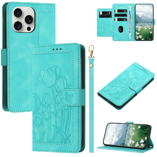 

For iPhone 16 Pro Max Tulips Embossed Leather Phone Case with Lanyard(Green)