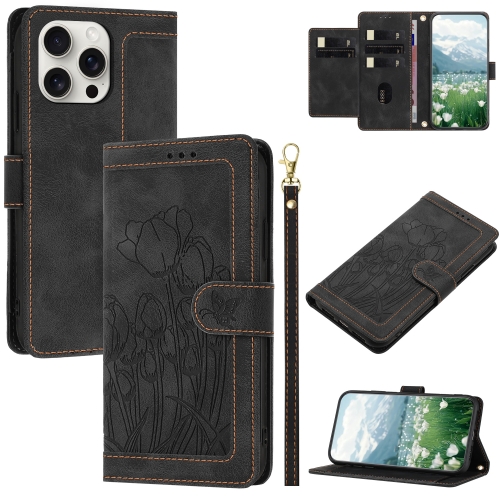 

For iPhone 16 Pro Tulips Embossed Leather Phone Case with Lanyard(Black)