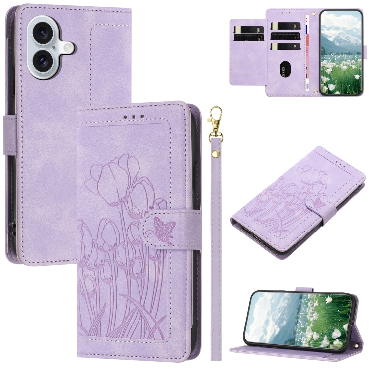 

For iPhone 16 Plus Tulips Embossed Leather Phone Case with Lanyard(Purple)